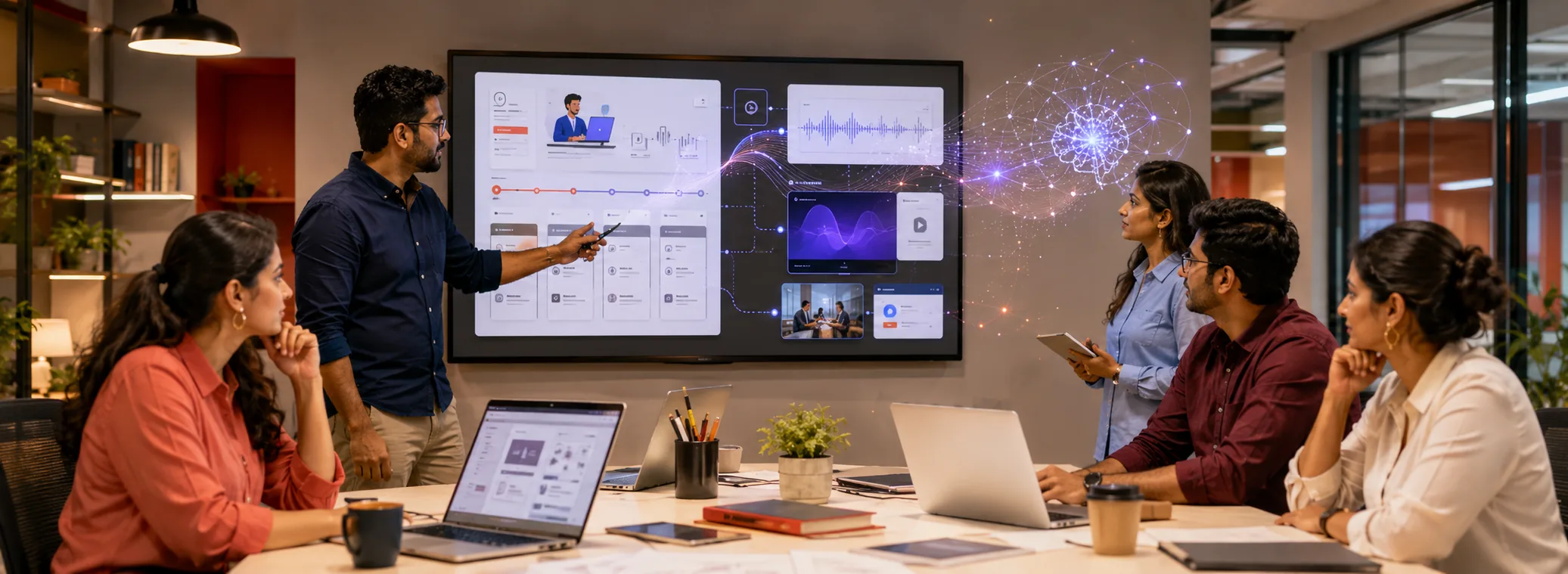 Team designing AI-powered eLearning with generative interfaces and voice visualisations