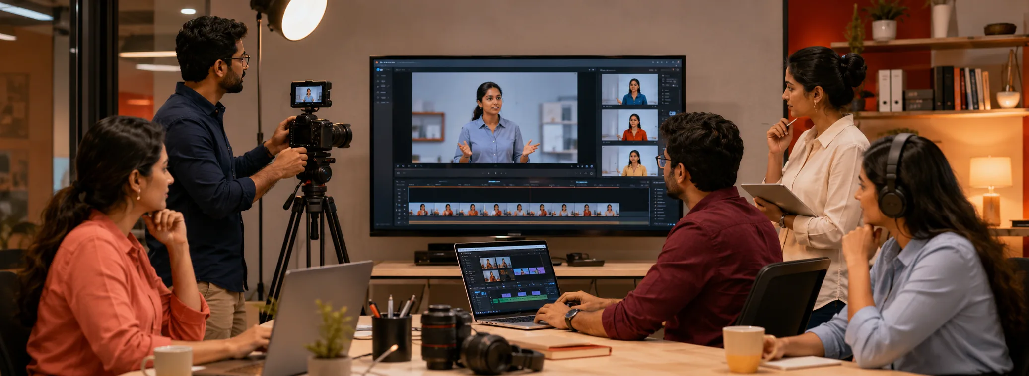 Creative team producing microlearning videos in a modern studio workspace