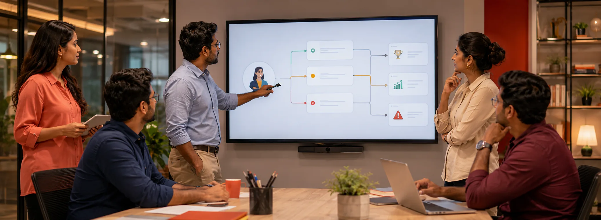 Team reviewing a branching scenario-based eLearning flow on a large screen