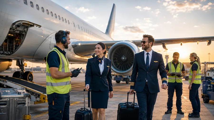 Aviation ground crew and flight crew at airport ramp