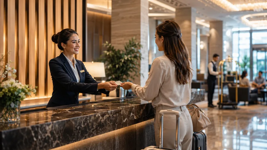 Hospitality check-in at elegant hotel lobby