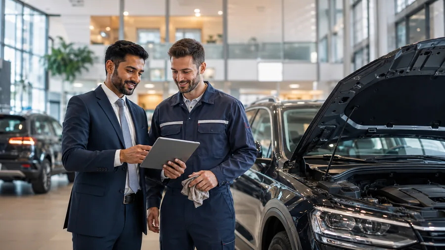 Automotive service advisor and technician in showroom